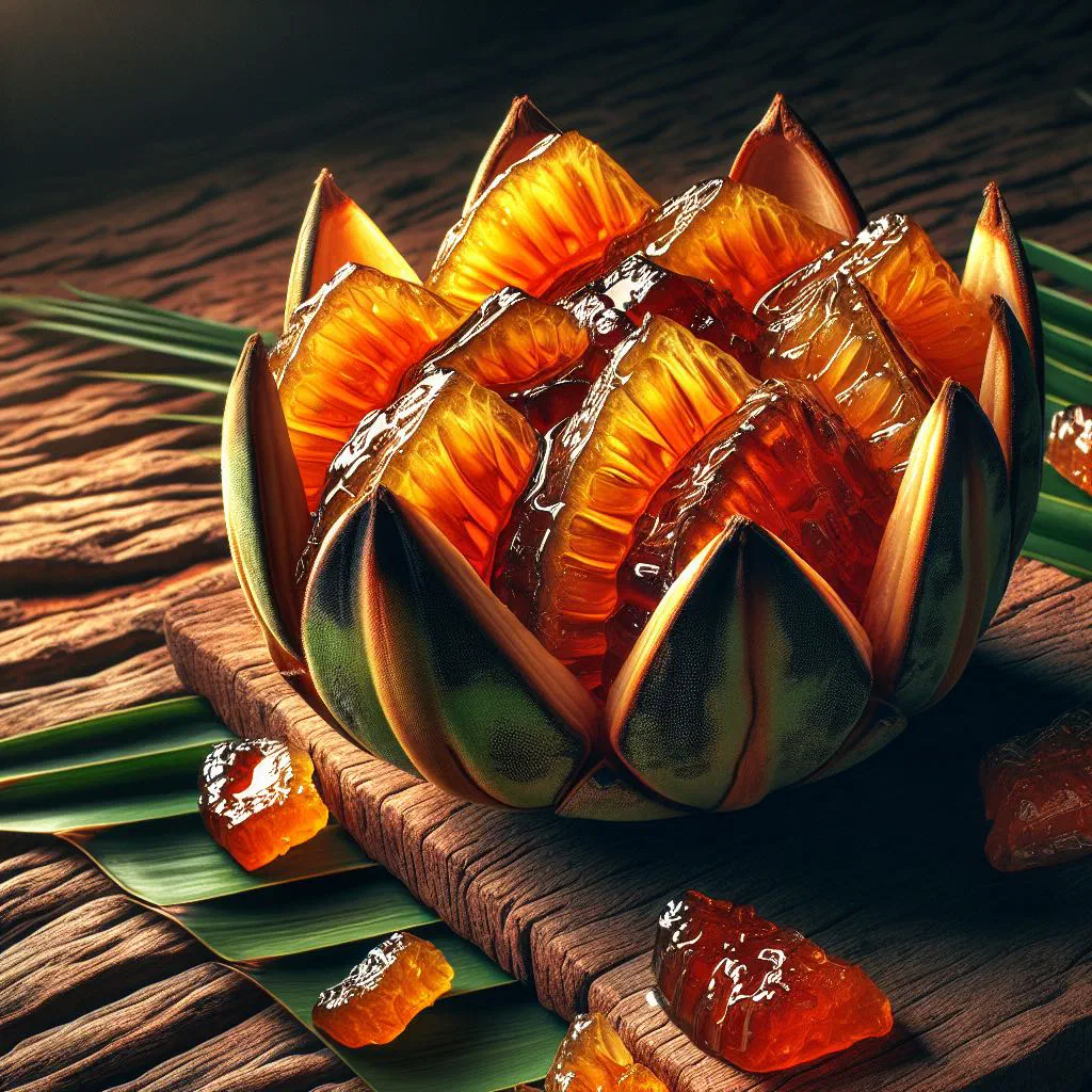 Glossy candied pandanus fruit pieces in golden sugar syrup on a plate