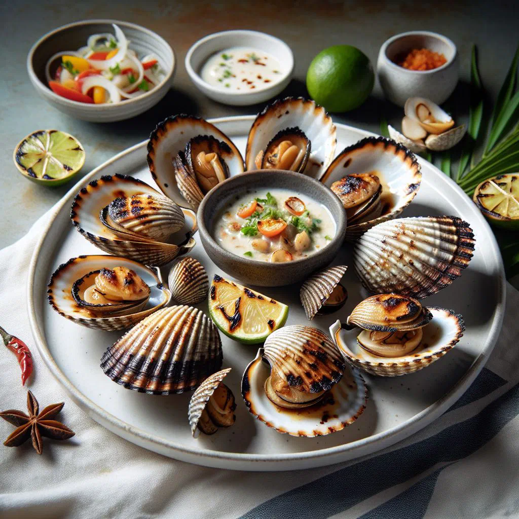 Chargrilled clams in their shells with creamy coconut sauce and fresh coriander