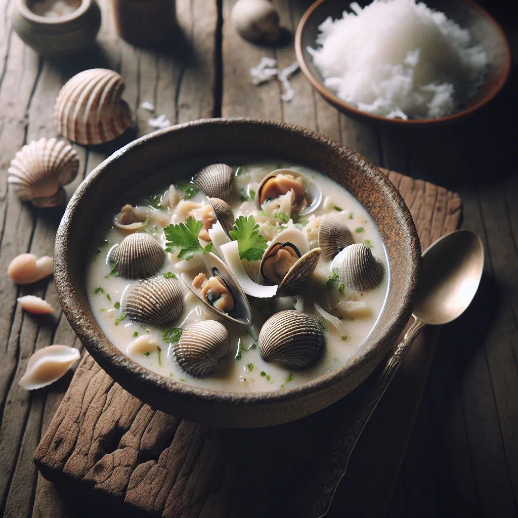 Bowl of creamy clam and coconut soup garnished with fresh coriander and lime