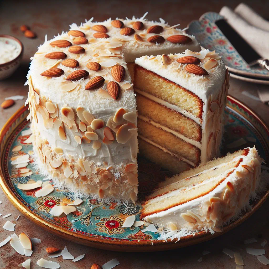 Golden coconut almond cake dusted with icing sugar