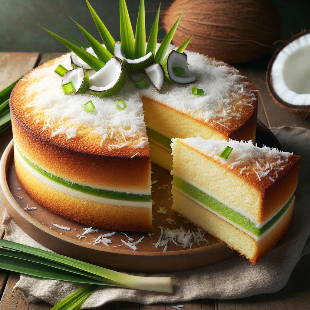 Slice of golden coconut and pandan cake on a plate
