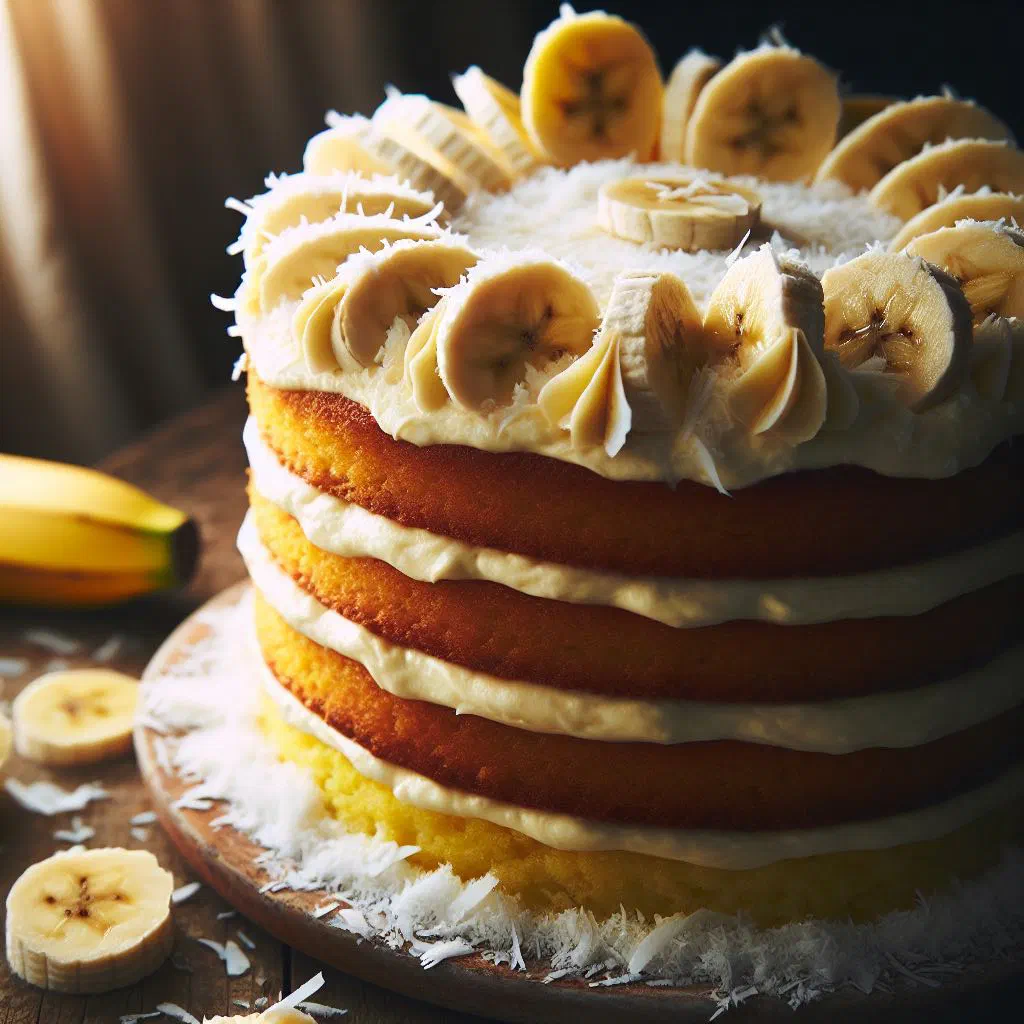 Slice of moist coconut banana cake topped with desiccated coconut