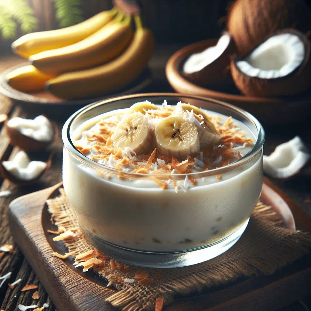 Creamy coconut banana pudding topped with toasted coconut flakes