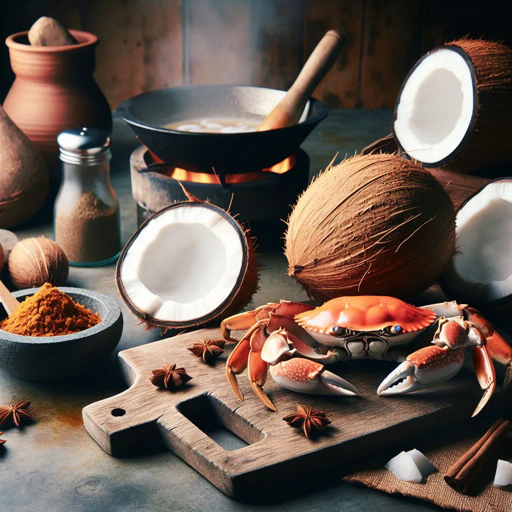 Coconut crab curry in a bowl garnished with fresh coriander