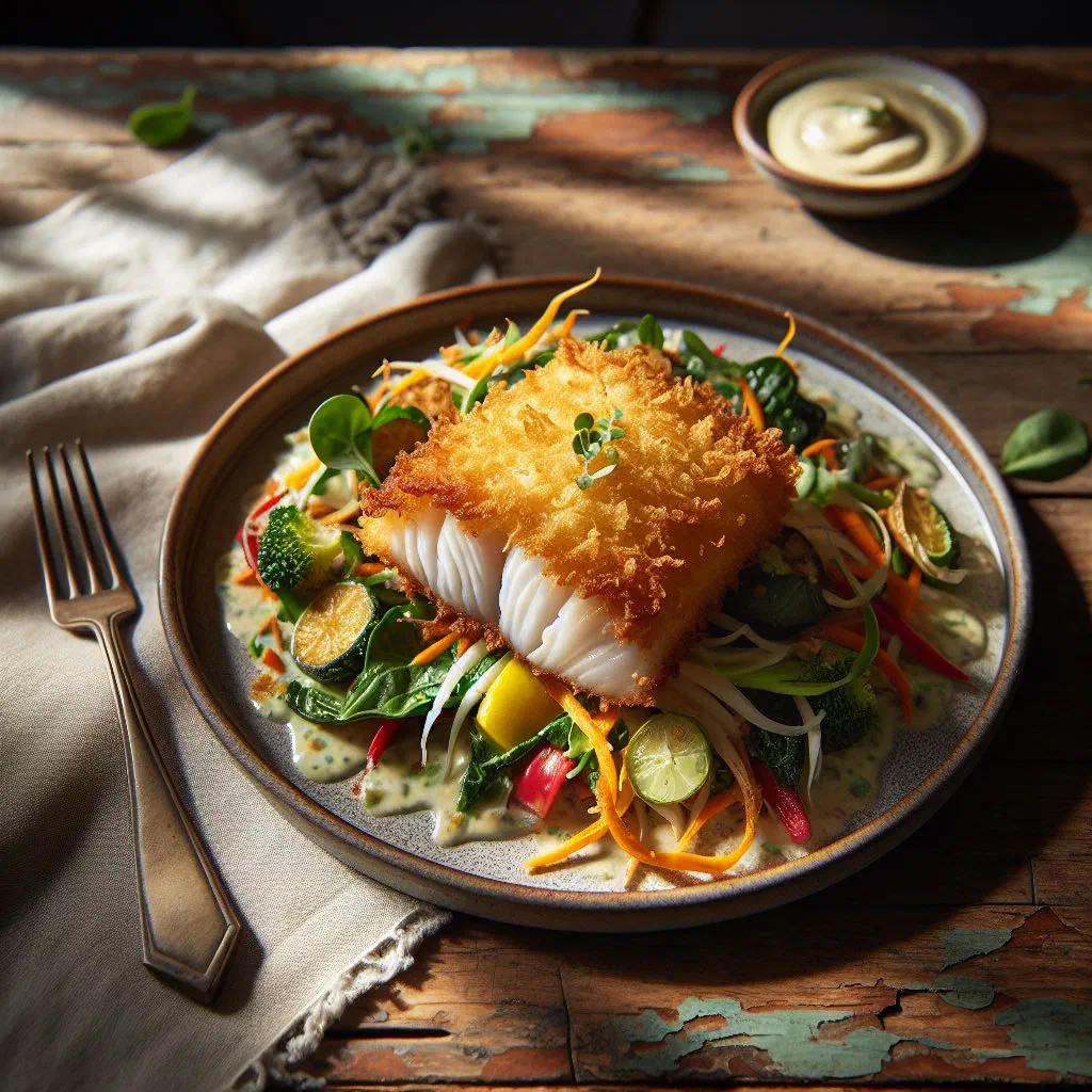 Golden coconut-crusted fish fillets served with lime wedges