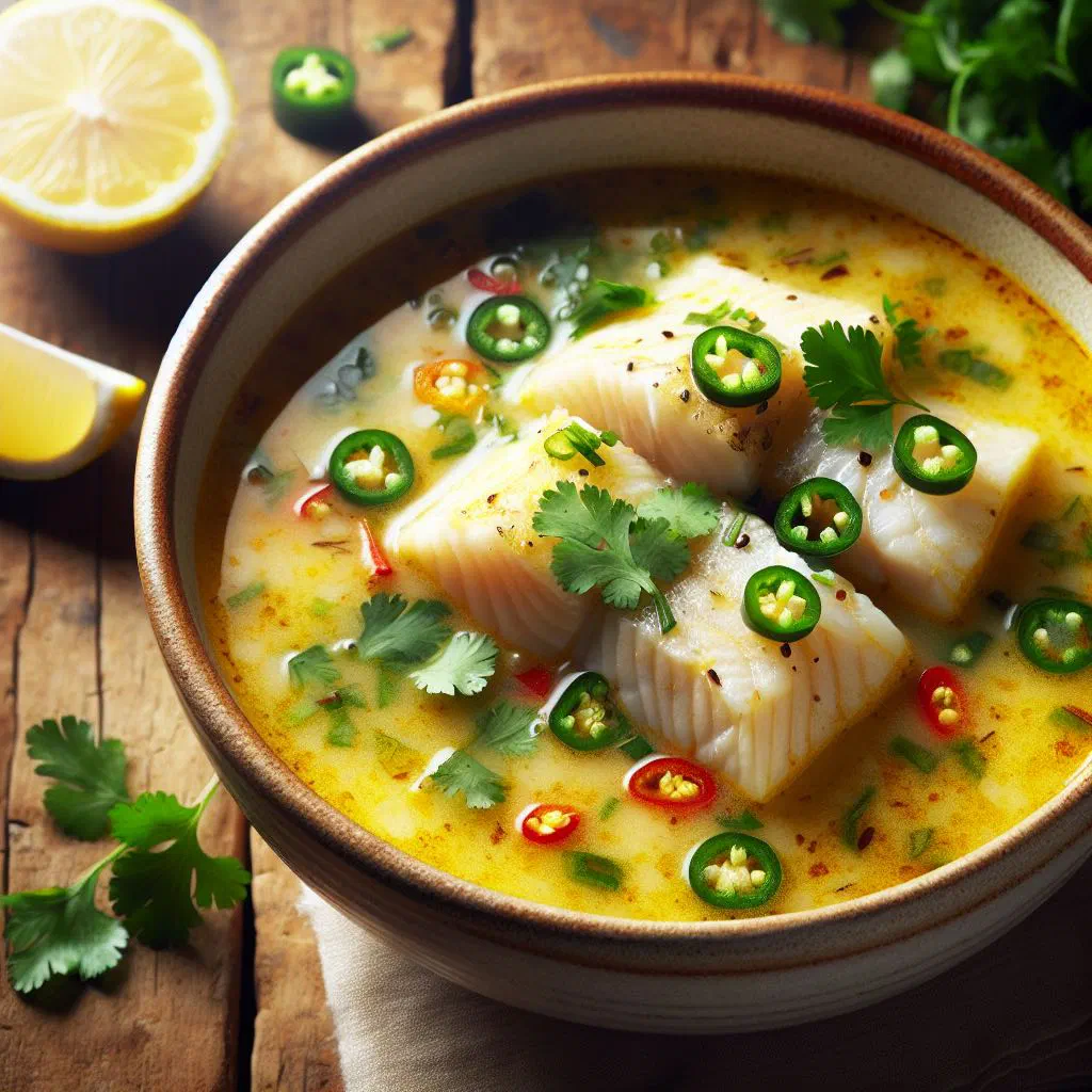 Bowl of creamy coconut fish soup garnished with fresh coriander and lime