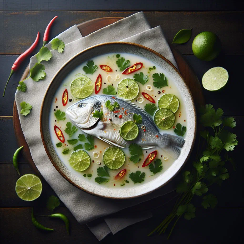 Steamed fish in coconut milk garnished with fresh herbs and lime