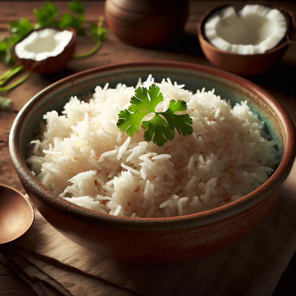A bowl of fluffy coconut rice garnished with fresh coriander