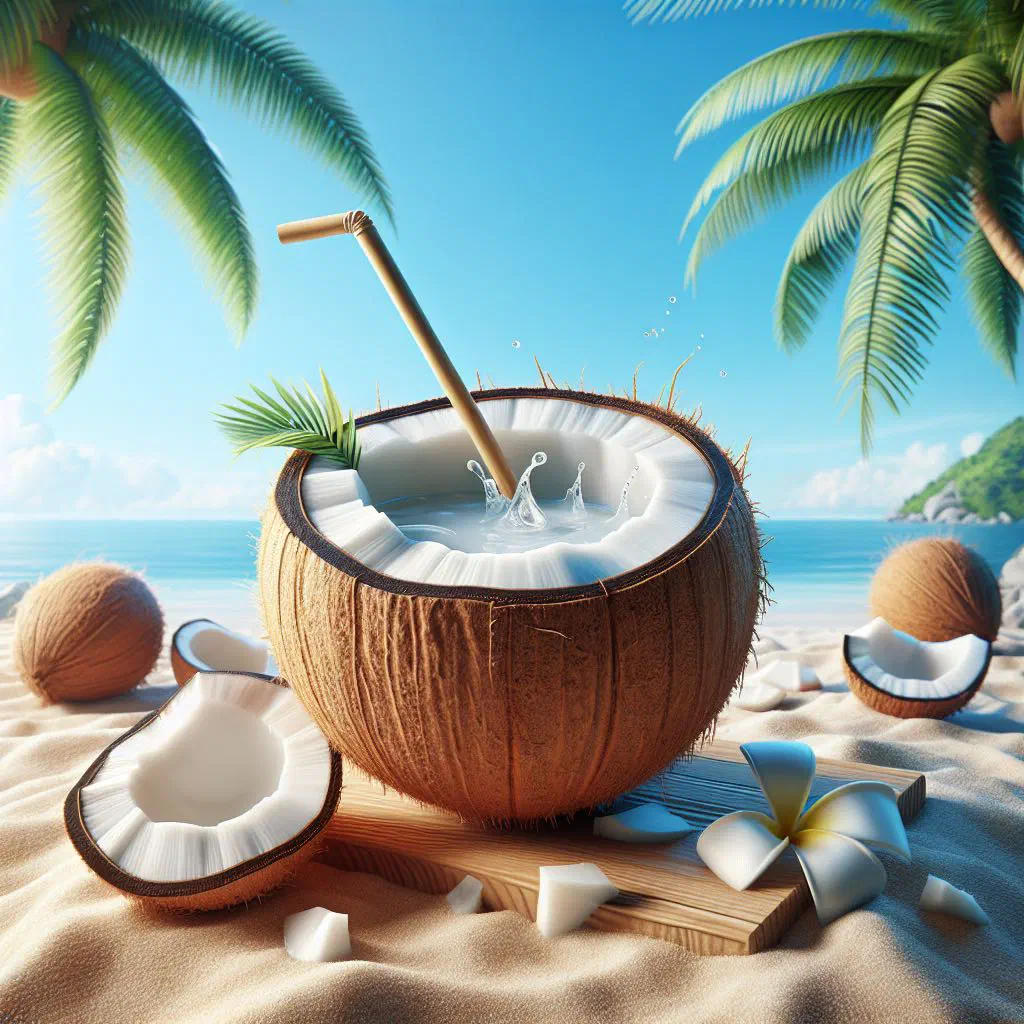 A glass of fresh coconut water with lime slices and mint
