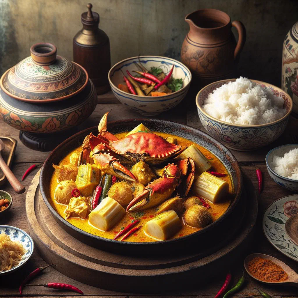 Crab and taro curry in coconut sauce garnished with fresh coriander