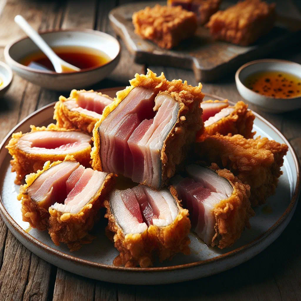 Golden, crisp-coated tuna pieces served with lemon wedges