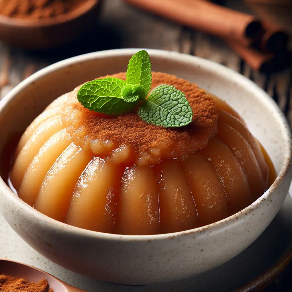 Creamy fermented breadfruit pudding served in a bowl with fresh fruit
