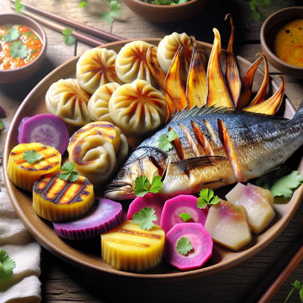 Golden fried fish and taro dumplings served with a dipping sauce