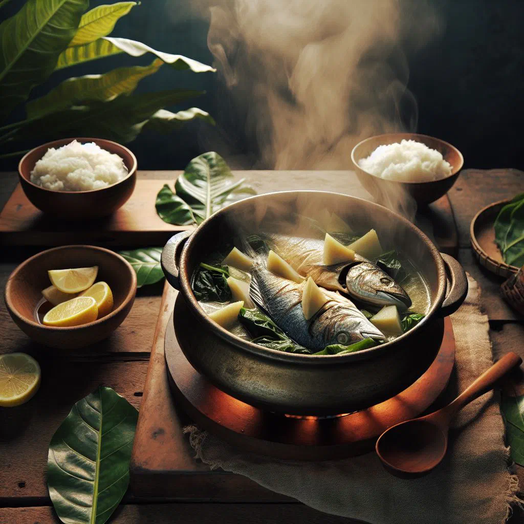 Fish and taro leaf stew in coconut milk garnished with fresh herbs and lime