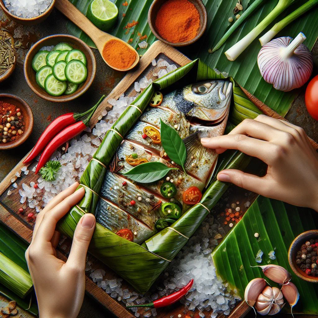 Steamed fish parcel wrapped in banana leaves with lime and herbs