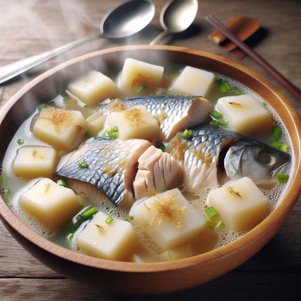 A bowl of Tuvaluan fish soup with taro and fresh herbs
