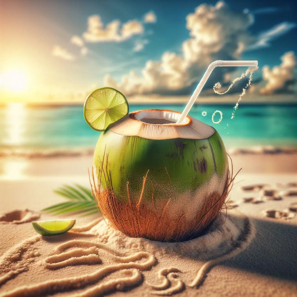 A glass of fresh coconut juice served with a straw and tropical fruit