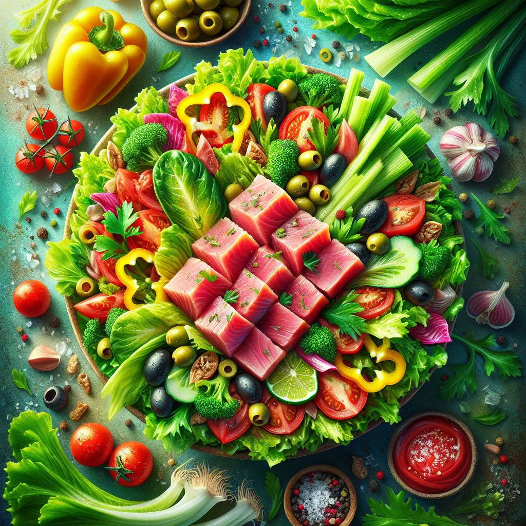 Fresh tuna salad with avocado, peppers and cucumber in a bowl