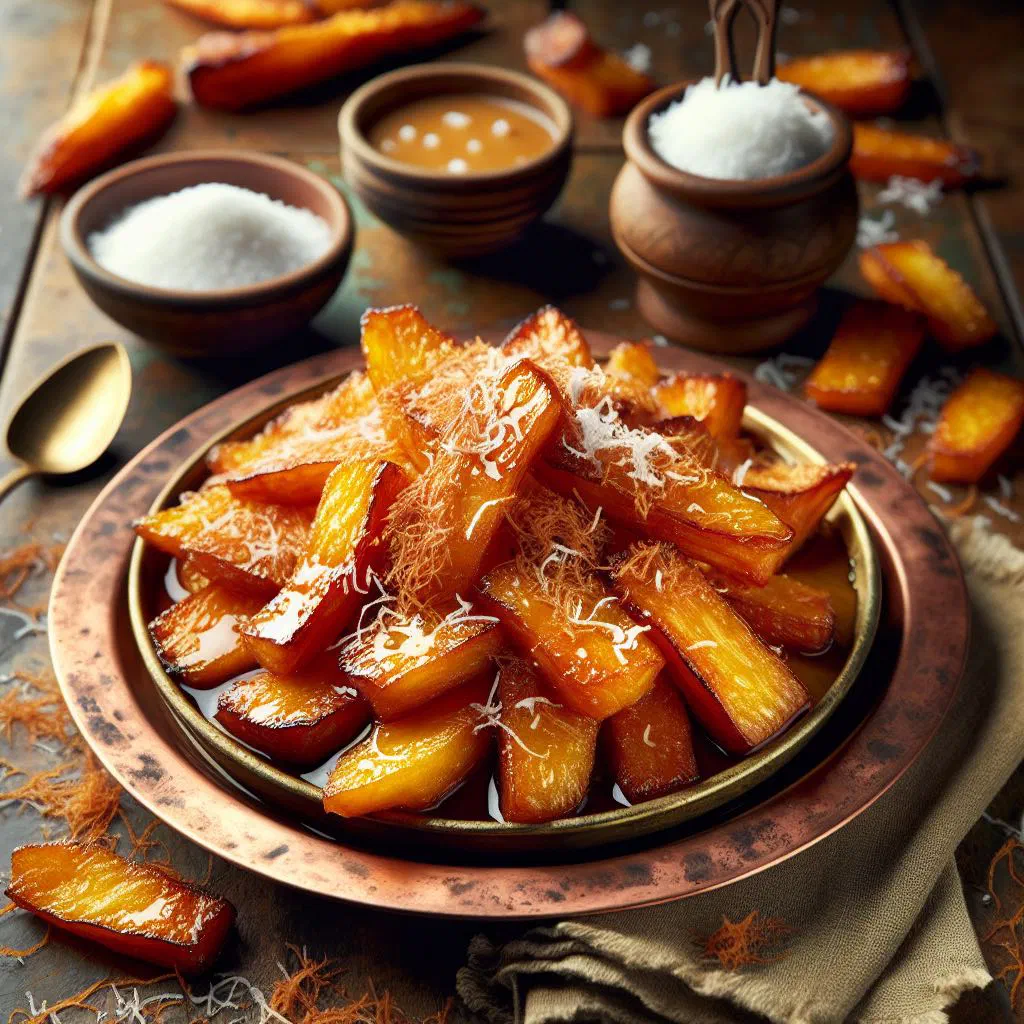 Golden fried cassava sticks dusted with coconut sugar