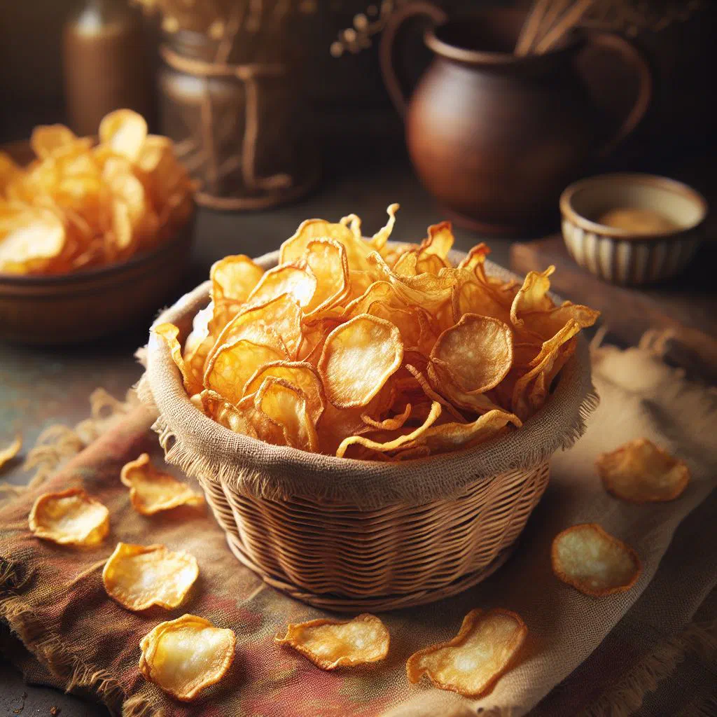 A bowl of golden, crispy fried taro chips sprinkled with salt