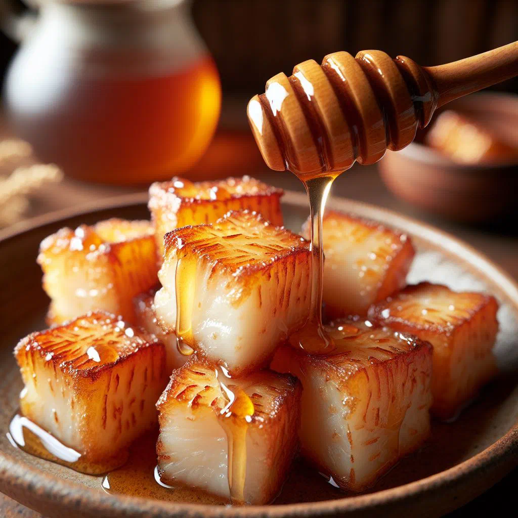 Golden fried taro cubes glazed with honey and garnished with fresh herbs