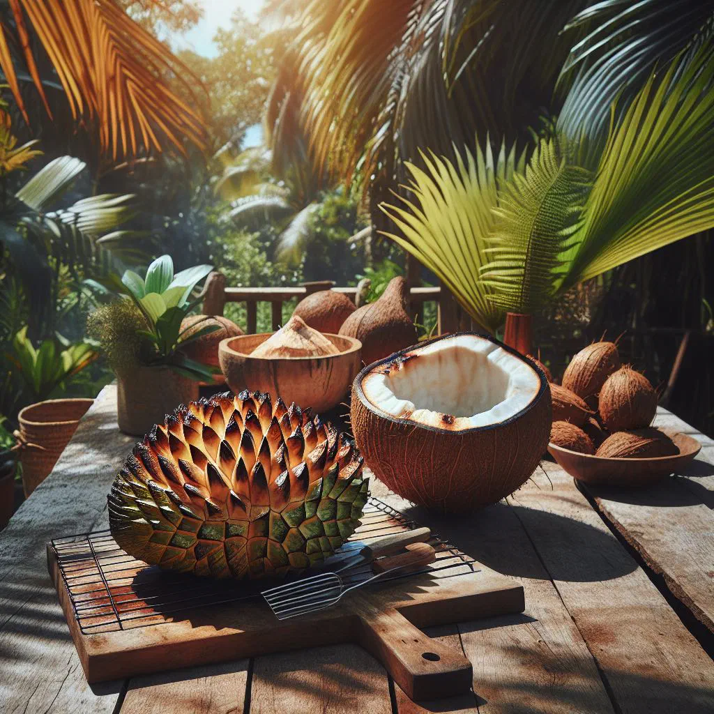 Grilled breadfruit slices served with fresh coconut flesh