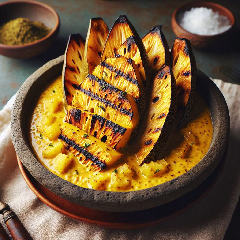 Grilled breadfruit in a creamy coconut curry garnished with fresh coriander