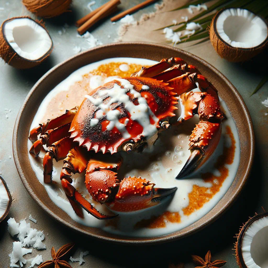 Grilled crab pieces glazed in creamy coconut sauce with fresh coriander and lime