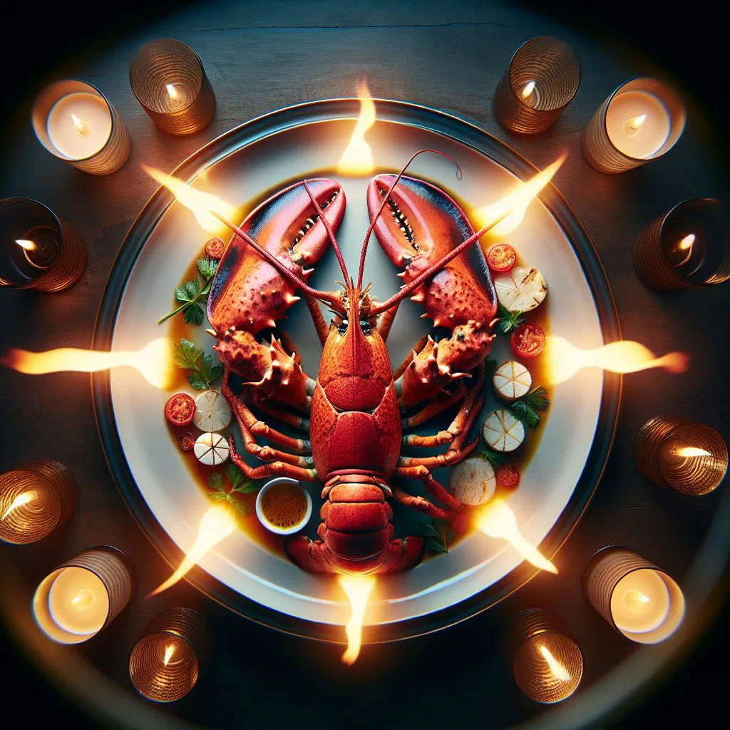 Grilled lobster halves garnished with fresh herbs and lime
