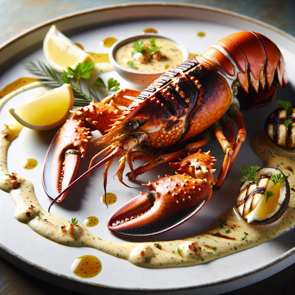 Grilled lobster halves drizzled with creamy ginger-coconut sauce and fresh coriander