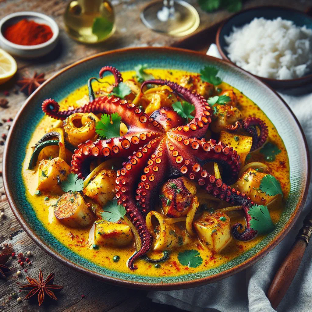 Grilled octopus in a creamy coconut curry sauce garnished with fresh coriander and lime