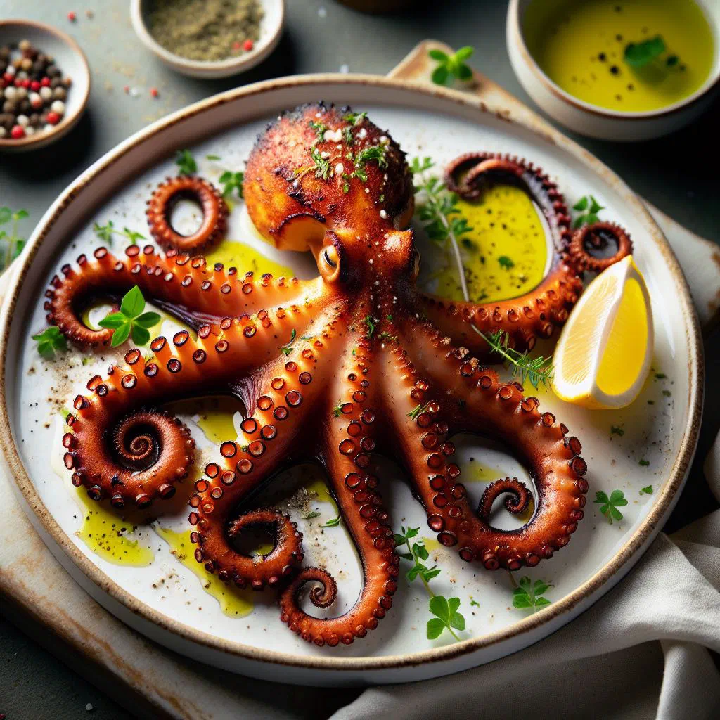 Charred grilled octopus garnished with fresh herbs and lemon