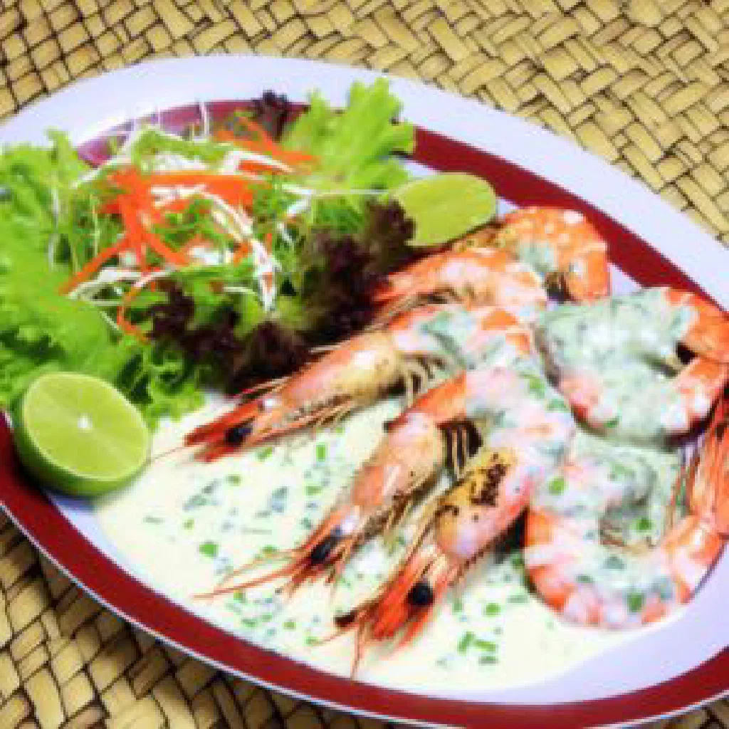 Grilled prawns glazed in creamy coconut sauce, garnished with fresh coriander and lime