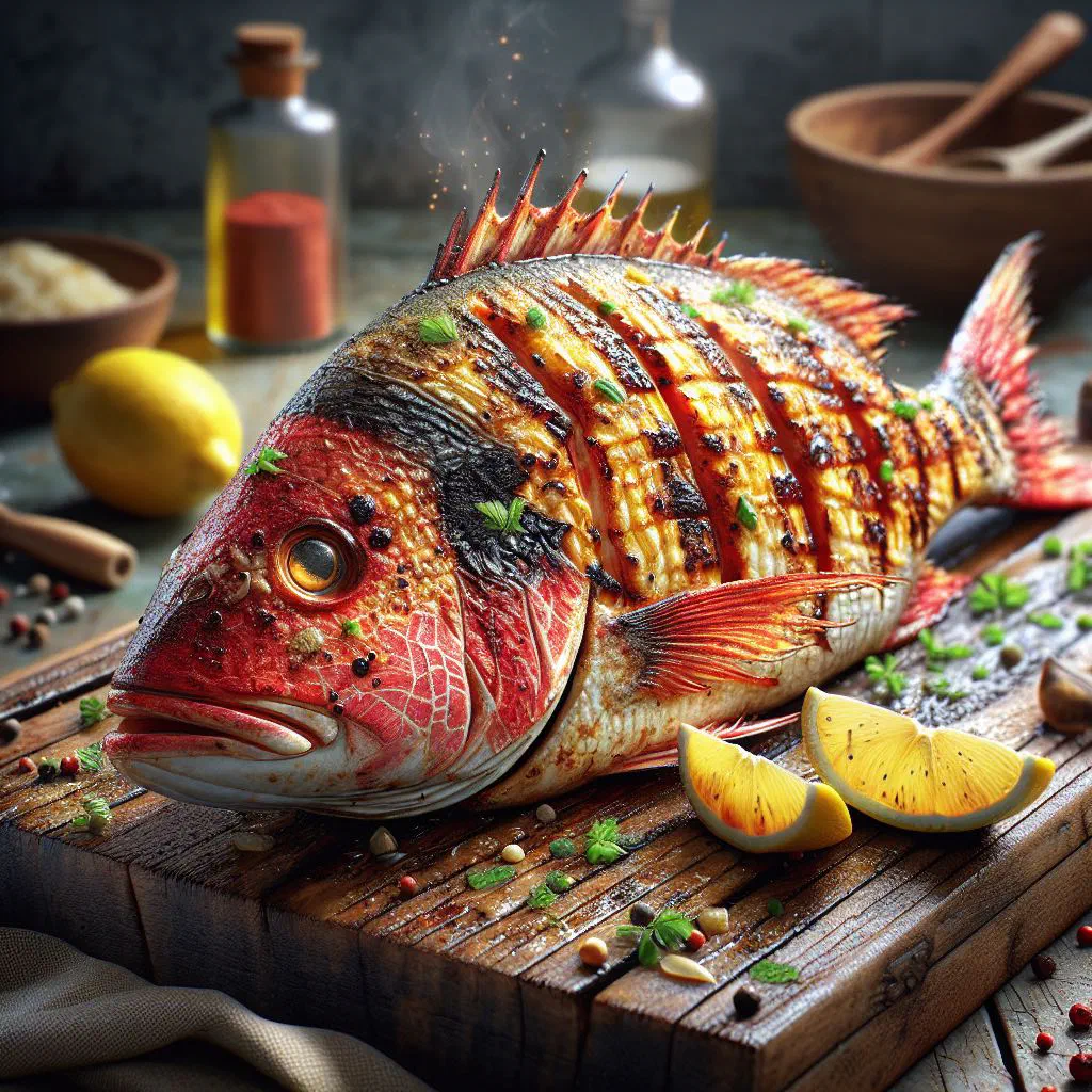 Whole grilled snapper garnished with fresh herbs and lemon