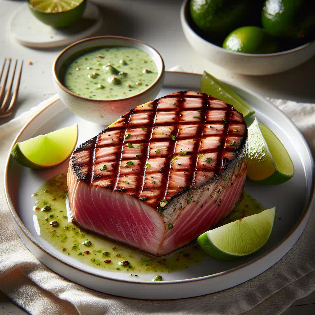 Grilled tuna steaks with zesty lime dressing and fresh herbs