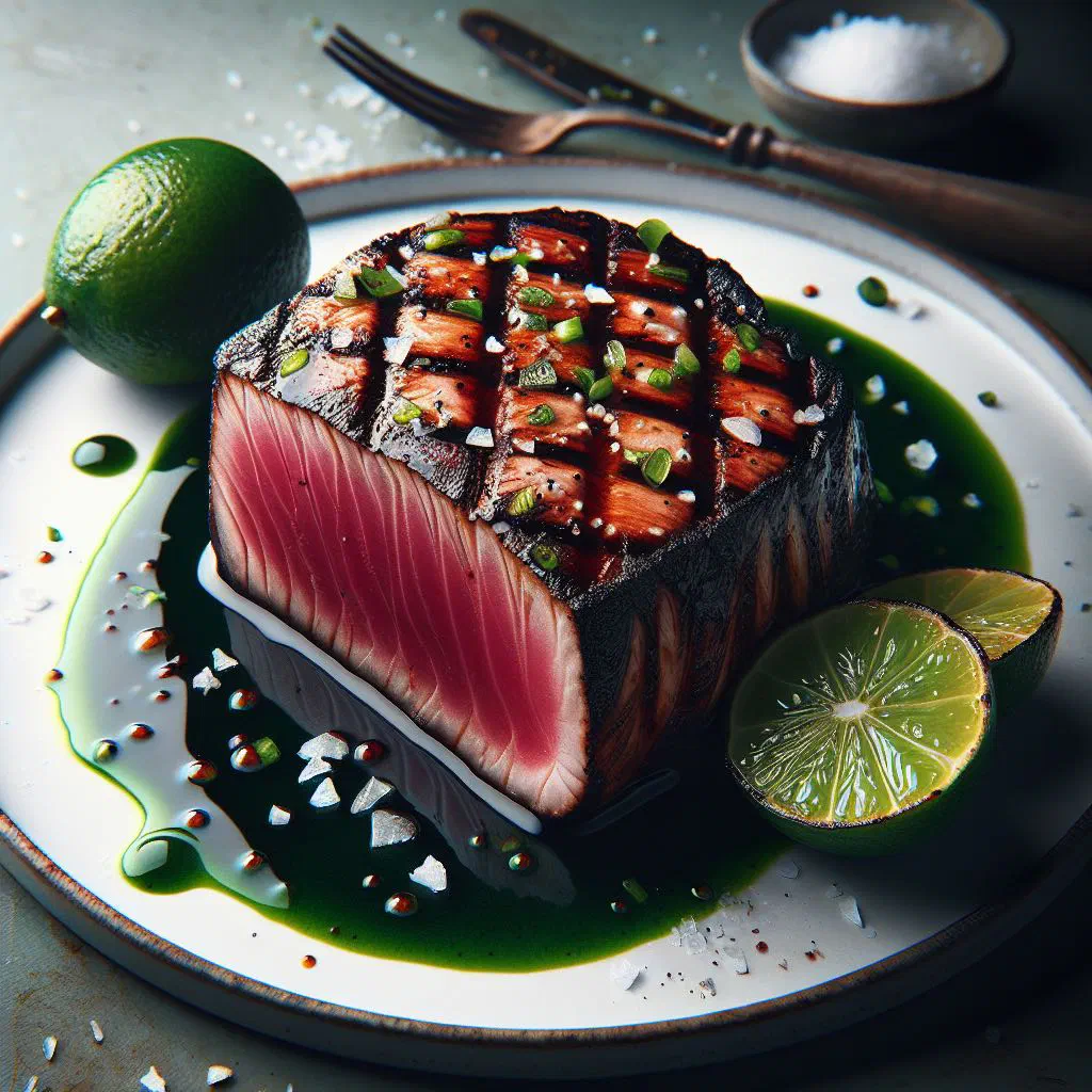 Grilled tuna steaks drizzled with zesty lime sauce and fresh herbs