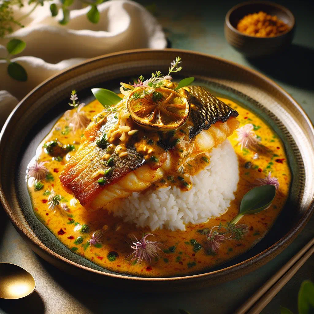 Lemongrass coconut fish in a bowl garnished with fresh coriander