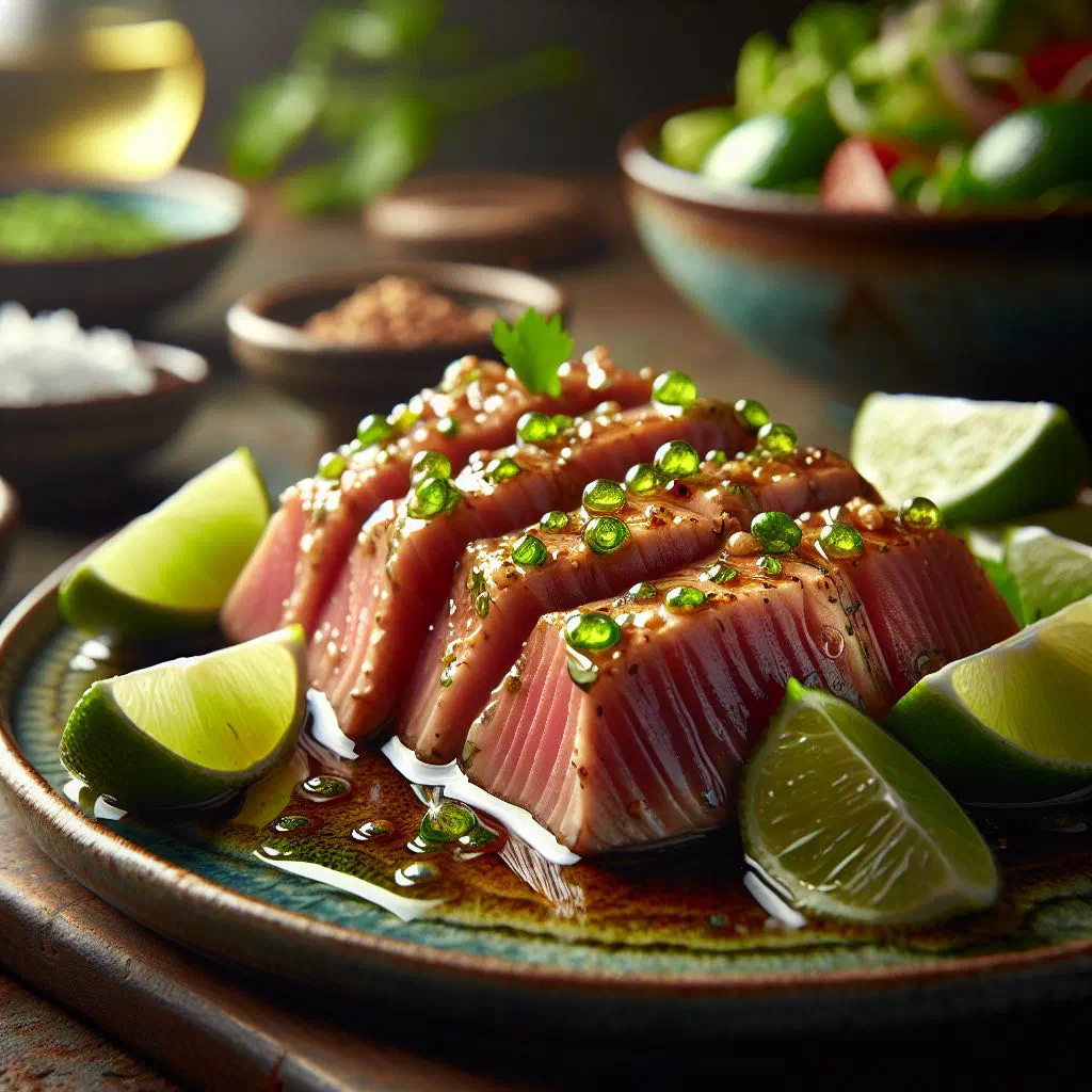 Diced fresh tuna in lime marinade garnished with coriander and red onion
