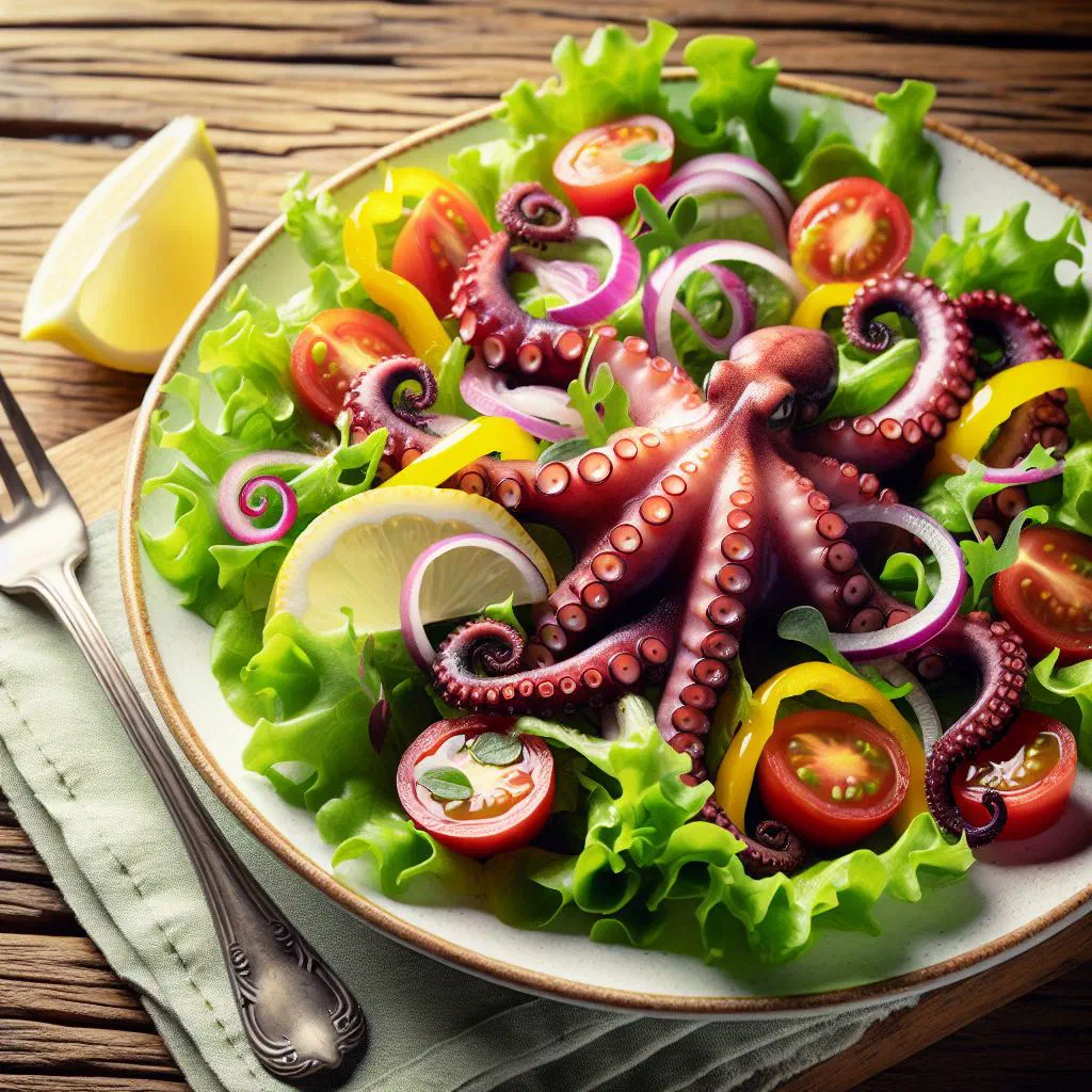 Octopus salad with cucumber, peppers and fresh parsley