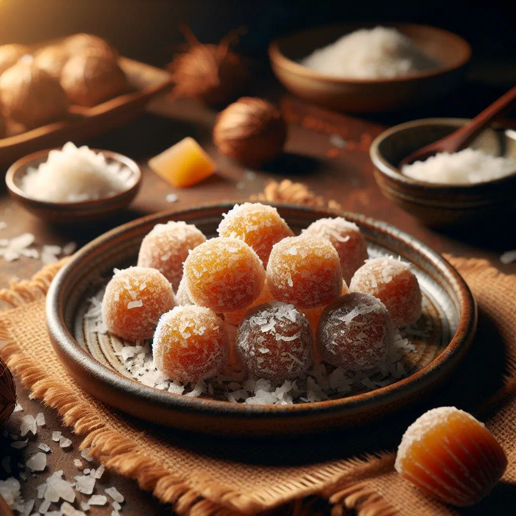 Golden palm sugar and coconut candies on a decorative plate