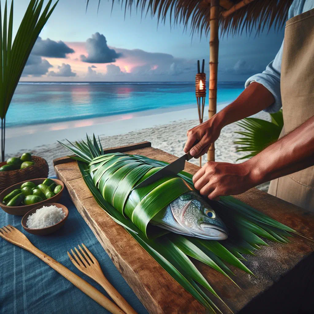Fish wrapped in pandan leaf parcels served on a wooden board