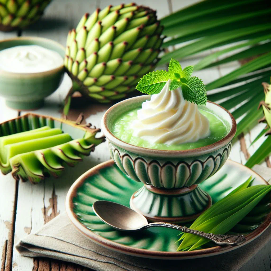 Creamy pandanus fruit pudding in a bowl topped with coconut
