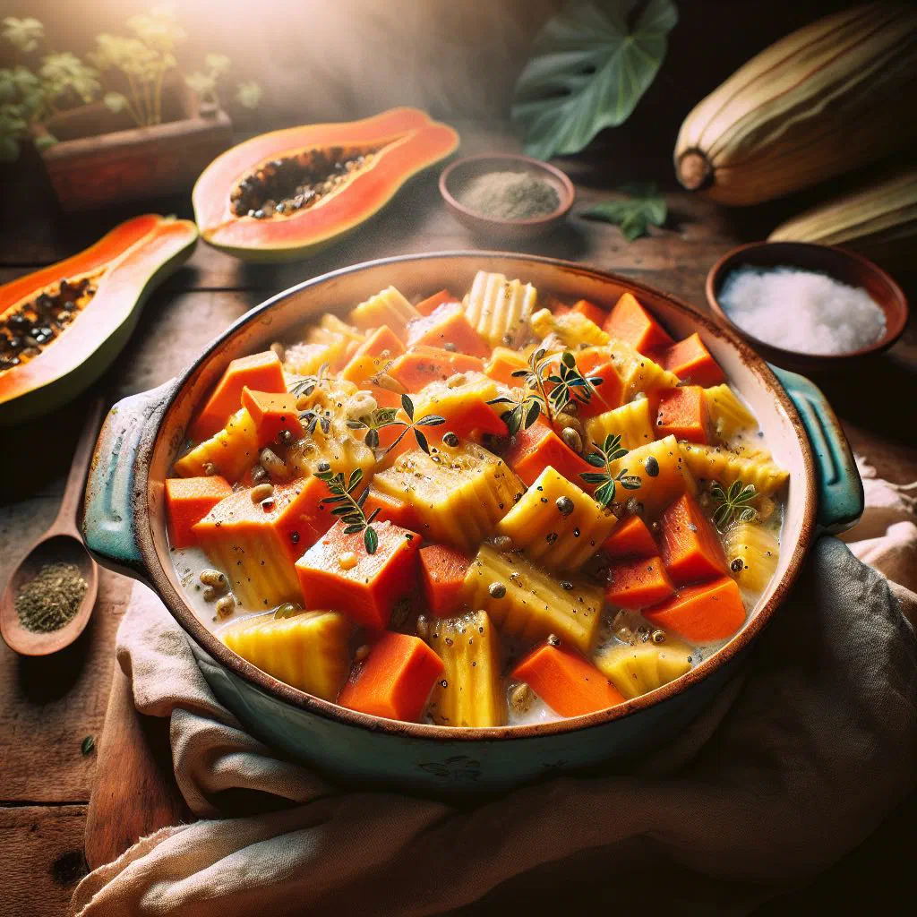Baked papaya and taro casserole in coconut milk, garnished with fresh coriander