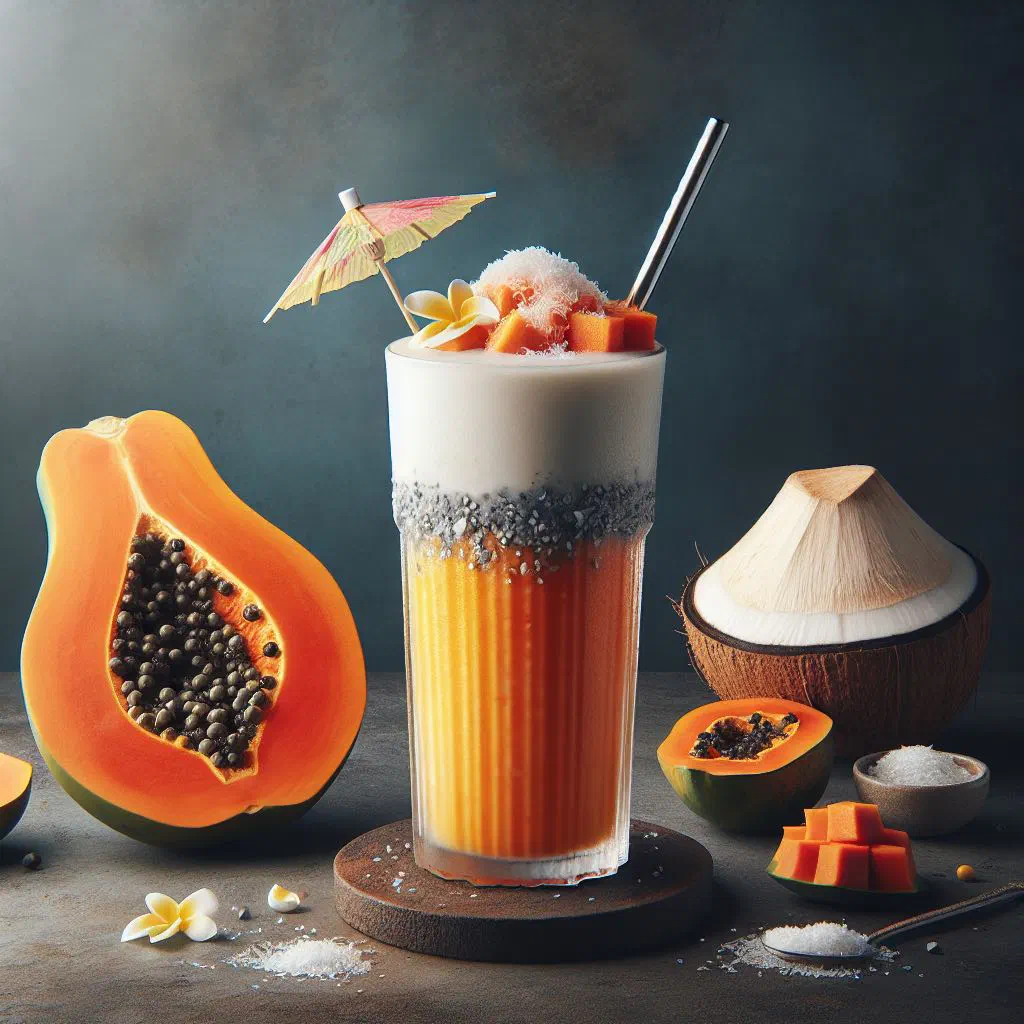 Creamy papaya coconut smoothie in a glass topped with fresh fruit