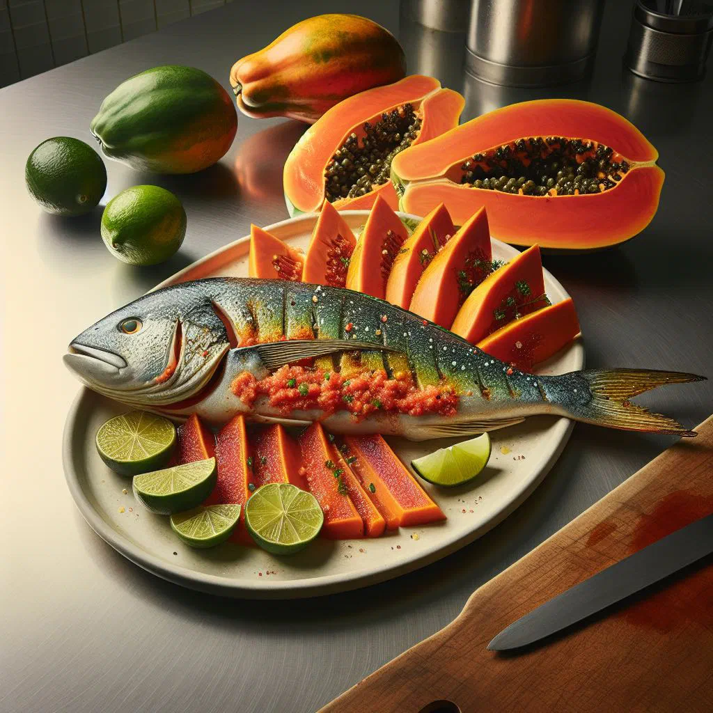 Fresh fish with diced papaya and lime in a bowl, garnished with coriander