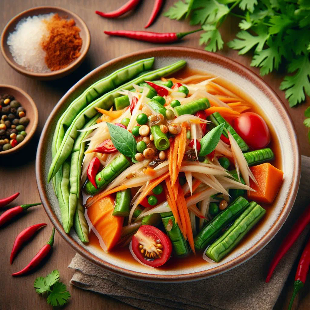 Fresh papaya salad with lime, coriander and mint in a bowl