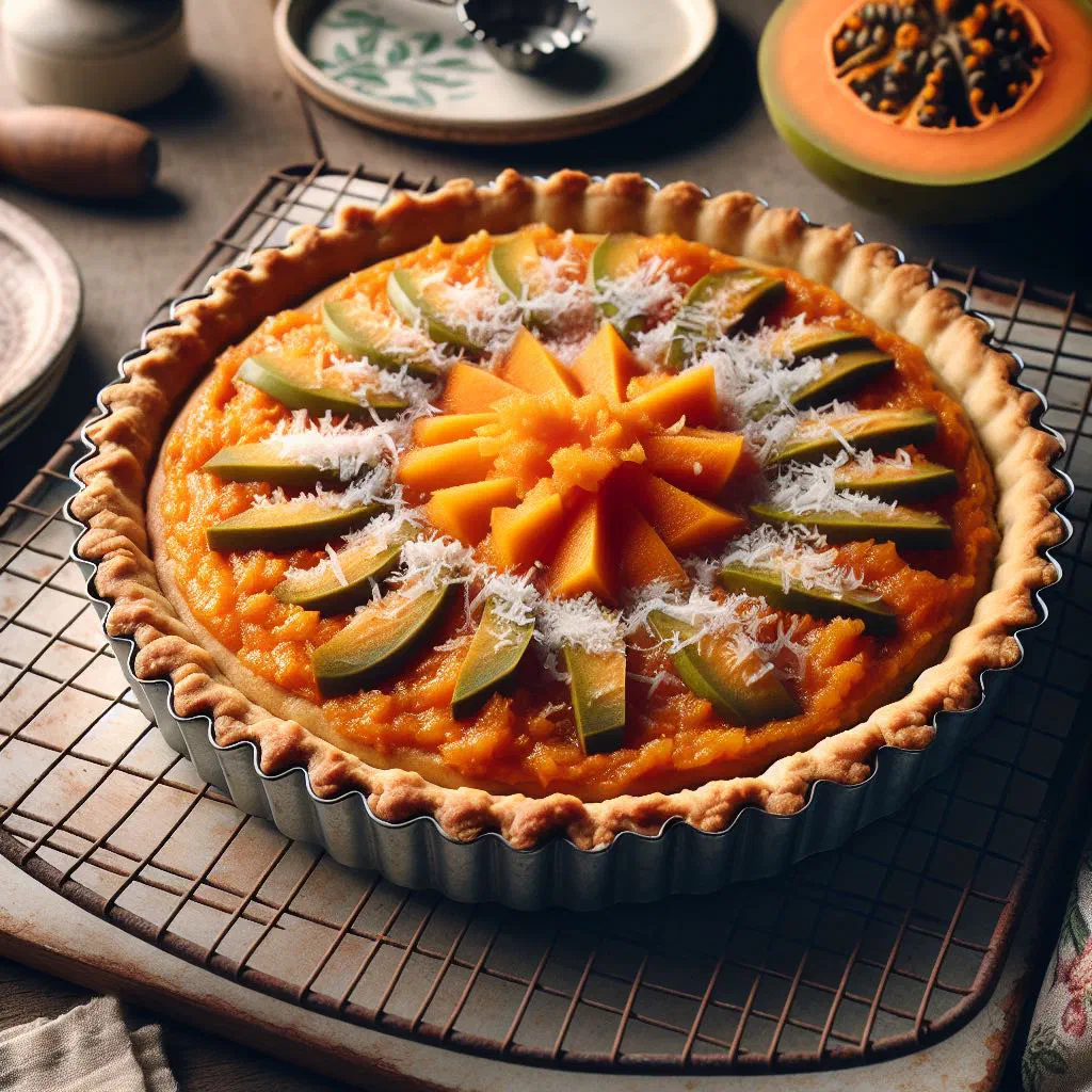 Golden pawpaw coconut tart with fresh papaya and a dusting of icing sugar