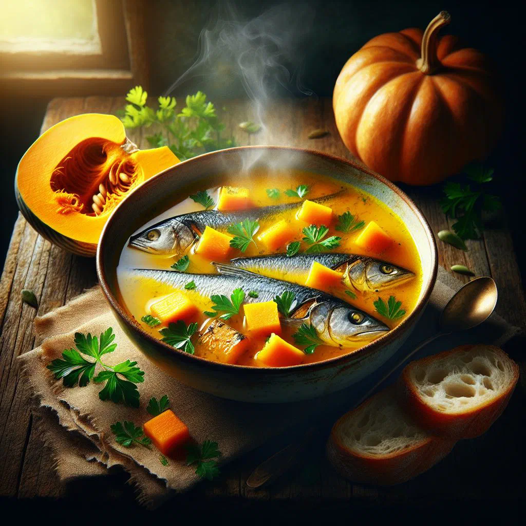 A bowl of golden pumpkin and fish broth garnished with fresh coriander