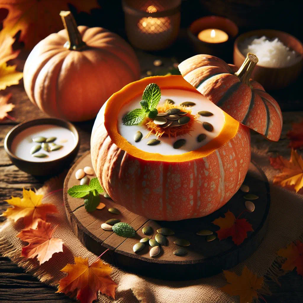 Creamy pumpkin coconut soup garnished with fresh herbs in a bowl