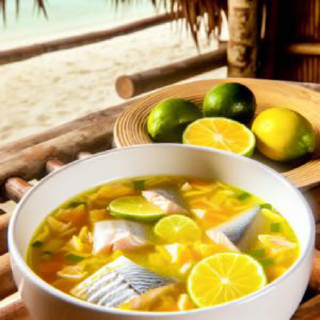 Bowl of reef fish and lime soup garnished with fresh coriander and chilli